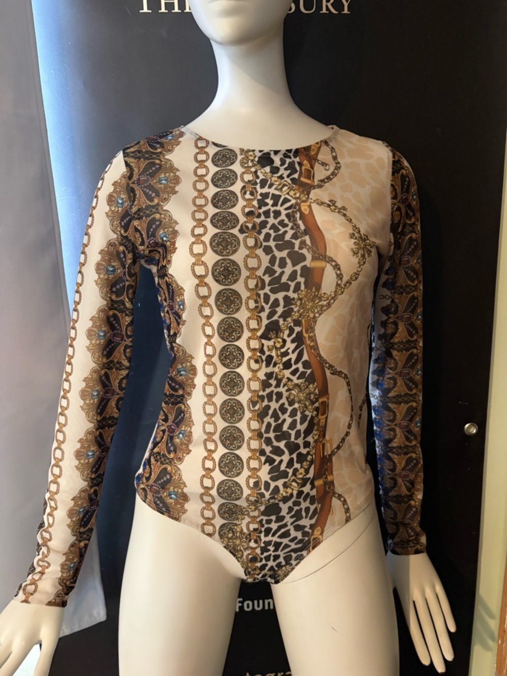 Chain & Leopard Print Long-Sleeve Bodysuit in Cream and Brown